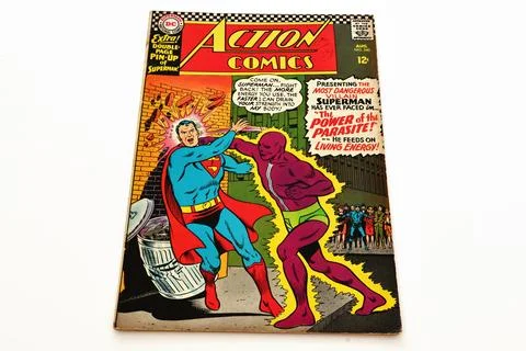 Vintage Action Comics by DC Comics featuring Superman and Supergirl Stock Photos