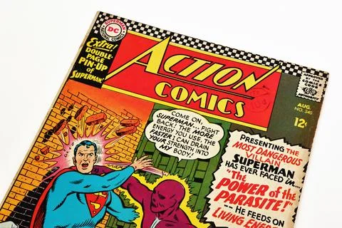 Vintage Action Comics by DC Comics featuring Superman and Supergirl Stock Photos
