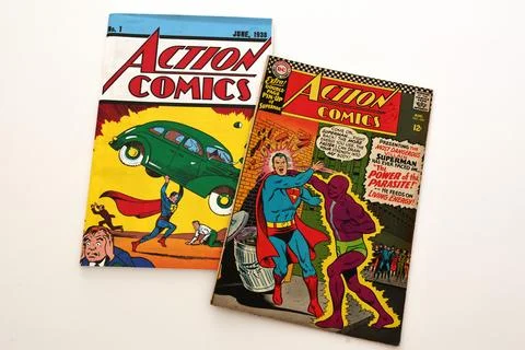 Vintage Action Comics by DC Comics featuring Superman and Supergirl Stock Photos