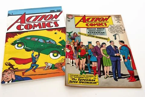 Vintage Action Comics by DC Comics featuring Superman and Supergirl Stock Photos