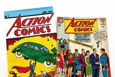 Vintage Action Comics by DC Comics featuring Superman and Supergirl Stock Photos