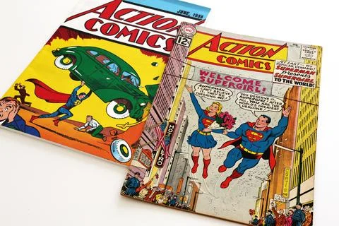 Vintage Action Comics by DC Comics featuring Superman and Supergirl Stock Photos