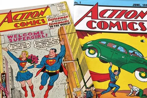 Vintage Action Comics by DC Comics featuring Superman and Supergirl Stock Photos