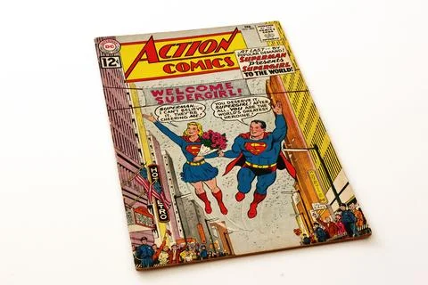 Vintage Action Comics by DC Comics featuring Superman and Supergirl Stock Photos