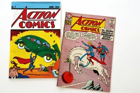Vintage Action Comics by DC Comics featuring Superman and Supergirl Stock Photos