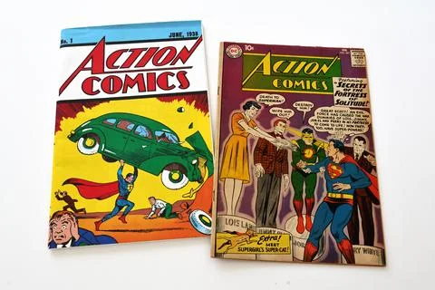 Vintage Action Comics by DC Comics featuring Superman and Supergirl Stock Photos