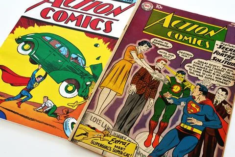 Vintage Action Comics by DC Comics featuring Superman and Supergirl Stock Photos