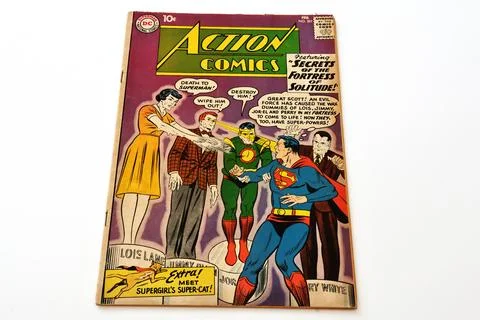 Vintage Action Comics by DC Comics featuring Superman and Supergirl Stock Photos