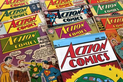 Vintage Action Comics by DC Comics featuring Superman and Supergirl Stock Photos