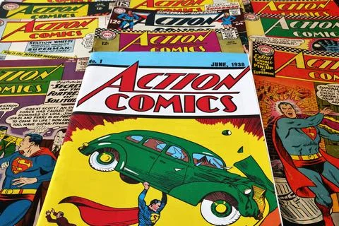 Vintage Action Comics by DC Comics featuring Superman and Supergirl Stock Photos