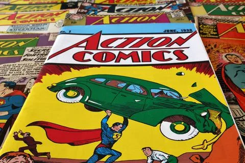 Vintage Action Comics by DC Comics featuring Superman and Supergirl Stock Photos