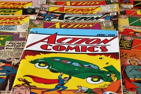 Vintage Action Comics by DC Comics featuring Superman and Supergirl Stock Photos