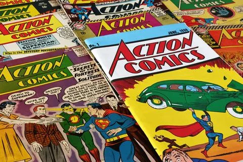 Vintage Action Comics by DC Comics featuring Superman and Supergirl Stock Photos