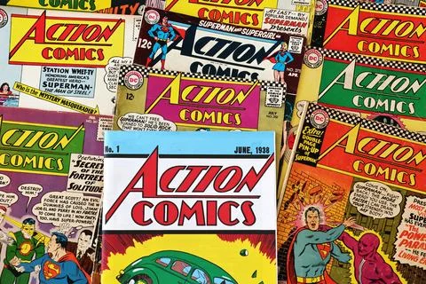 Vintage Action Comics by DC Comics featuring Superman and Supergirl Stock Photos