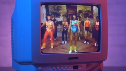 Vintage Aerobic Training People on a 80s 90s Retro TV Screen Stock Footage