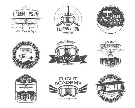 Vintage airplane emblems. Biplane labels. Retro Plane badges, design elements Stock Illustration