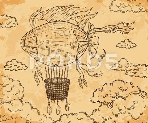 Vintage airship with ribbon and clouds on aged paper background Stock Illustration