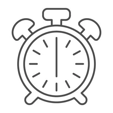 Vintage alarm clock with button, 6 pm, 6 am thin line icon, time concept Stock Illustration