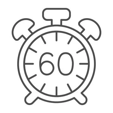 Vintage alarm clock with button, 60 minutes, 1 hour thin line icon, time concept Stock Illustration