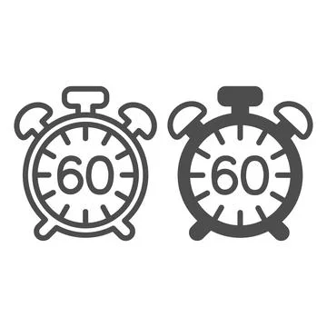 Vintage alarm clock with button, 60 minutes, 1 hour line and solid icon, time Illustrazione stock