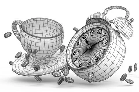 Vintage alarm clock with ceramic coffee cup on green background. Illustrazione stock