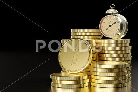 Vintage alarm table clock on a stack of coins in dark black background ...