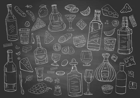 Vintage alcohol and drinks on chalboard. Different alcohol collection Stock Illustration