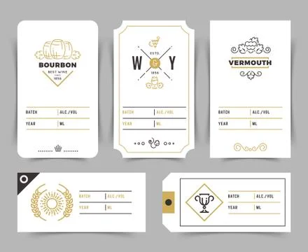 Vintage alcoholic drinks bottle vector labels and price tags in line art style Illustrazione stock