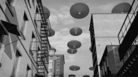 Vintage Alien Invasion UFO Armada over the city 2 Black and White