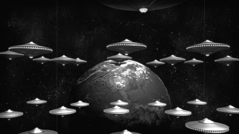 Vintage Alien Invasion UFO Armada arriving at Earth 2 Black and White