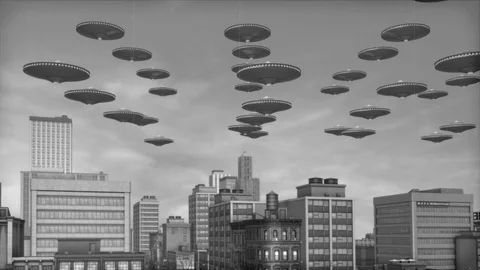 Vintage Alien Invasion UFO Armada over Downtown Black and White