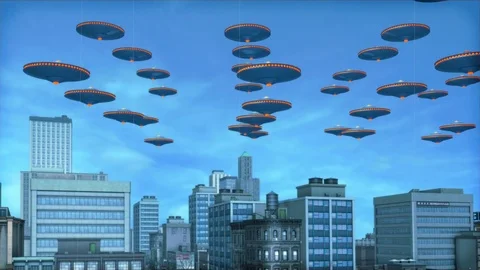 Vintage Alien Invasion UFO Armada over Downtown Color