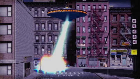 Vintage Alien Invasion: UFO attacks Police Car (Color) Stock Footage 75443191