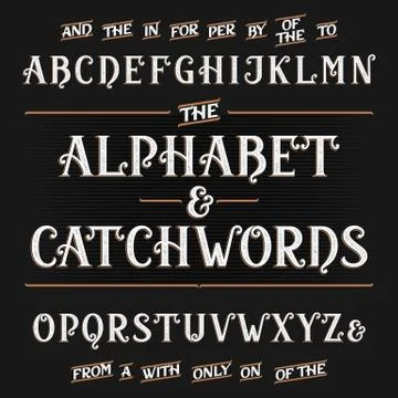 Vintage alphabet vector font with catchwords Stock Illustration