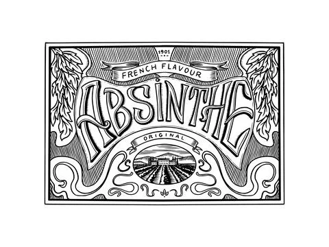 Vintage American Absinthe badge. Alcohol Label with calligraphic elements. Frame Stock Illustration
