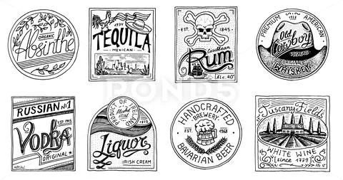 Vintage American badge. Absinthe Tequila Vodka Liqueur Rum Wine Strong whiskey Stock Illustration