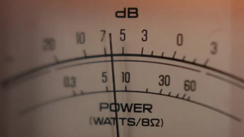 Vintage Analog VU Meter of Audio Signal in Decibels and Watts. Close-Up Stock Footage 131025505