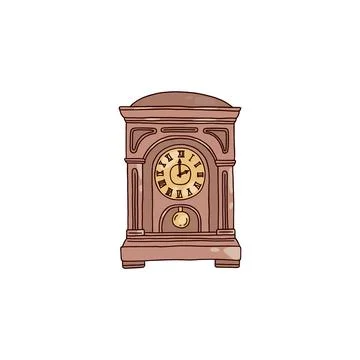 Vintage ancient clock with pendulum, hand drawn vector illustration isolated. Illustrazione stock