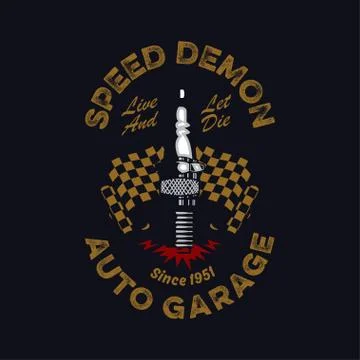 Vintage and rustic spark plug and checkered flag emblem on a dark background Stock Illustration