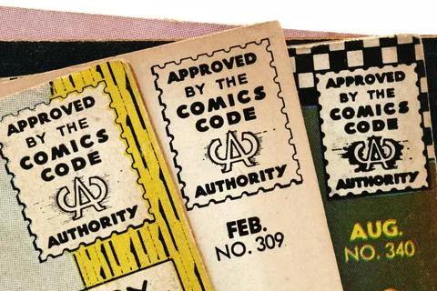 Vintage “Approved by the Comics Code Authority” logo from Action Comics cover Stock Photos