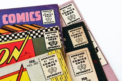 Vintage “Approved by the Comics Code Authority” logo from Action Comics cover Stock Photos