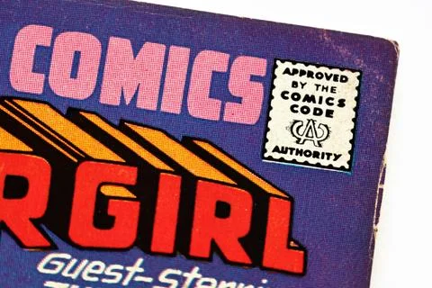 Vintage “Approved by the Comics Code Authority” logo from Action Comics cover Stock Photos