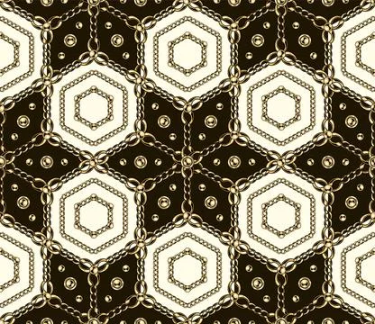 Vintage arabesque pattern with gold chain, beads Stock Illustration