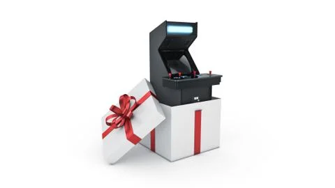 Vintage arcade game machine. Gift box concept. Stock Illustration