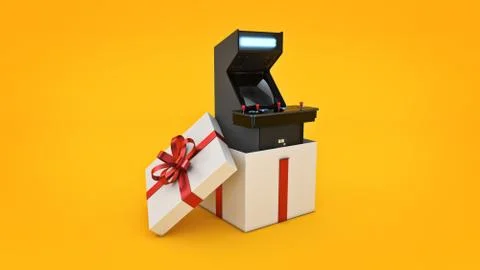 Vintage arcade game machine. Gift box concept. Illustrazione stock