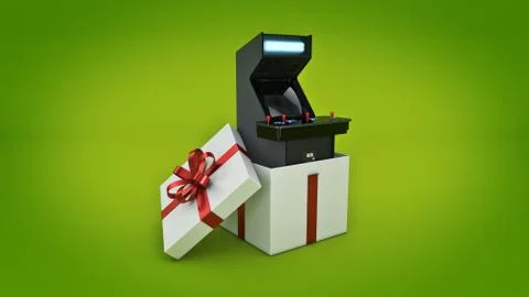 Vintage arcade game machine. Gift box concept. Stock Illustration