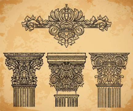 Vintage architectural details design elements on aged paper background. Stock Illustration