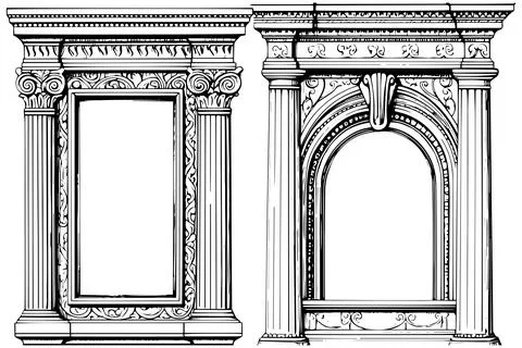 Vintage Architectural Frames: Baroque and Gothic Arch Designs in Detailed Vector Stock Illustration