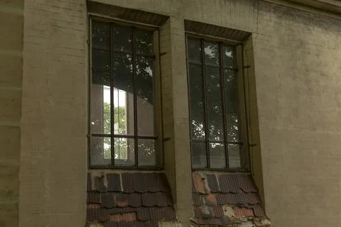 Vintage architecture featuring mosscovered frames and reflective glass Foto stock