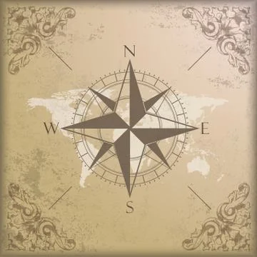 Vintage background edge ornaments compass world map Illustrazione stock